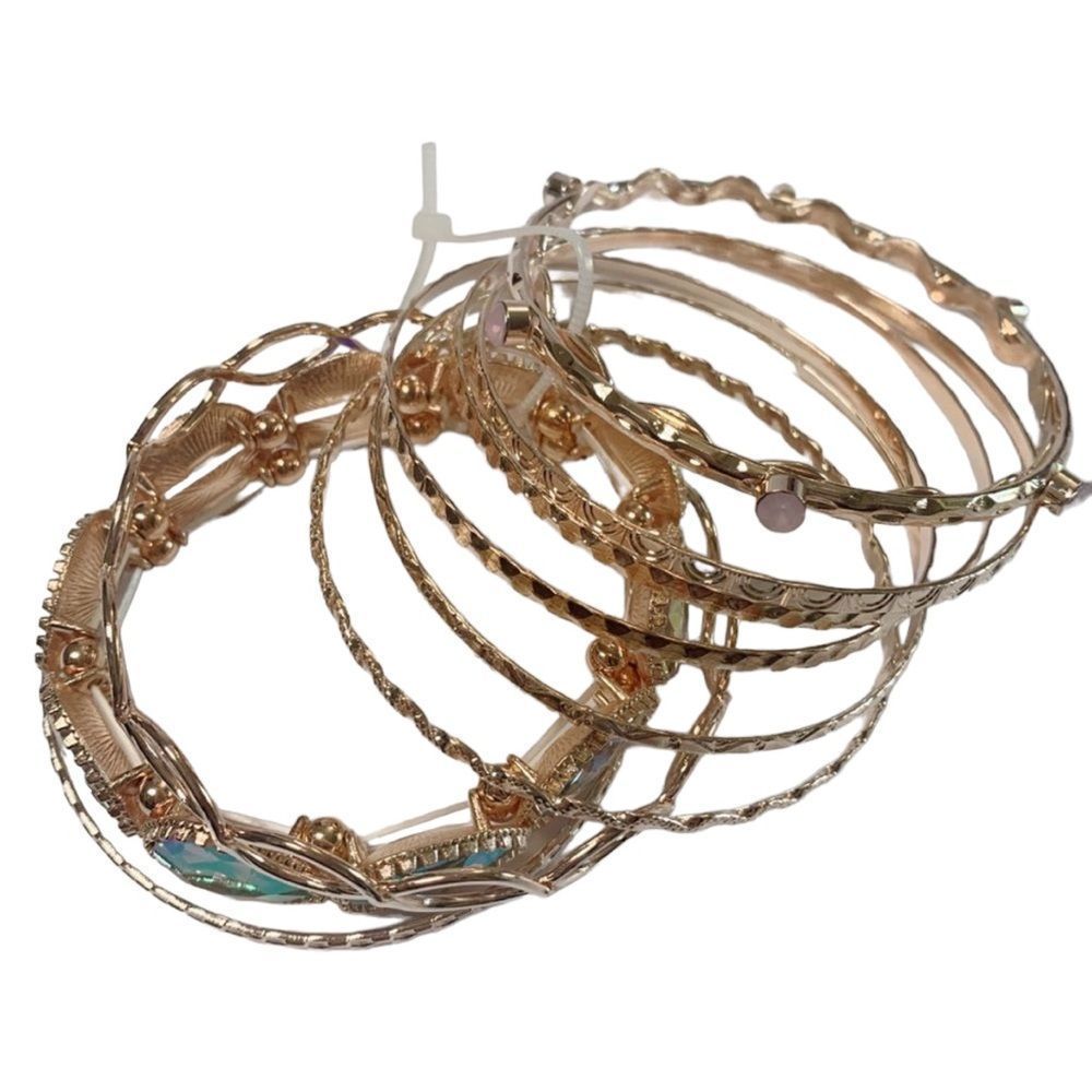 Set of 10 Rose Gold Gemstone Bangle and Stretchy Bracelets